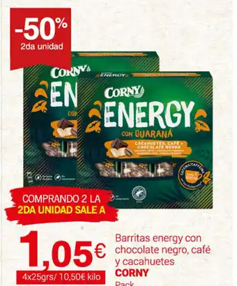 Supermercados Plaza Corny Barritas energy con chocolate negro, cafè y cacahuetes 1x 25grs oferta