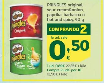 HiperDino Pringles original, sour cream&onion, paprika, barbacoa o hot and spicy, 40 g oferta