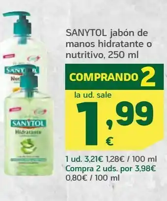 HiperDino Sanytol jabón de manos hidratante o nutritivo, 250 ml oferta
