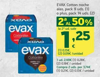 HiperDino Evax cotton noche alas, pack 9 uds. (1) o plus, pack 14 uds. (2) oferta