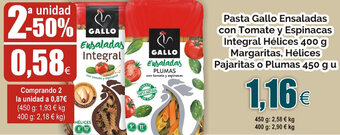 FROIZ Pasta Gallo Ensaladas con Tomate y Espinacas Integral Hèlices 400g Margaritas, Hèlices Pajaritas o Plumas 450 g u oferta