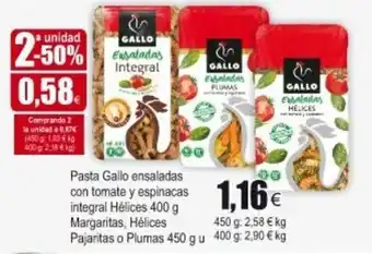 FROIZ Pasta Gallo Ensaladas con Tomate y Espinacas Integral Hèlices 400g Margaritas, Hèlices Pajaritas o Plumas 450 g u oferta