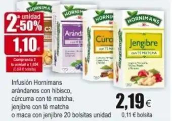 FROIZ Infusión Hornimans aràndos con hibisco, cúrcuma con tè matcha, jenjibre con tè natcha o maca con jenjibre 20 bolstas unidad oferta