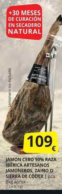 Supermercados MAS Jamón Cebo 50% Raza Ibérica Artesanos Jamoneros Zaino O Sierra De Códex oferta