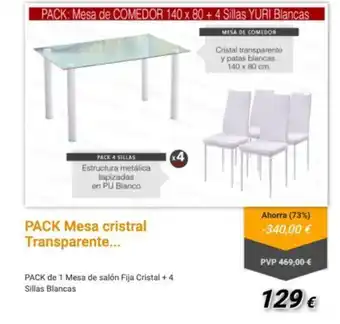 Atrapamuebles Pack Mesa cristal Transparente Pack de 1 Mesa de salón Fija Cristal + 4 Sillas Blancas oferta