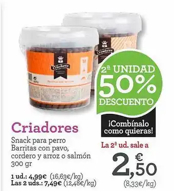 TiendAnimal 2a Unidad 50% Descuento Criadores Snack Para Perro Barritas Con Pavo Cordero Y Arroz O Salmón oferta