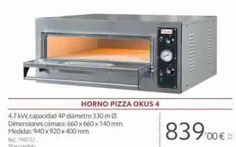 Makro horno Pizza Okus 4,7 kW, capacidad 4P diámetro330 m Dimensiones camara: 660 x 140mm Medidas 940 x 920 x 400 mm oferta