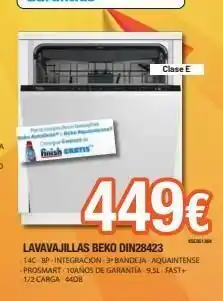 Clase e finish 449€ lavavajillas beko din28423 14c-bp-integracion bandeja aquaintense prosmart anos de garantia 9,5l fast