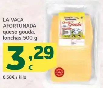 HiperDino La vaca afortunada queso gouda, lonchas 500 g oferta