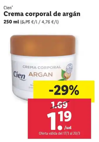Lidl Cien Crema corporal de argán 250ml oferta
