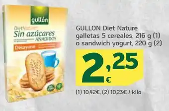 HiperDino Gullon diet nature galletas 5 cereales, 216 g o sandwich yogurt, 220 g oferta