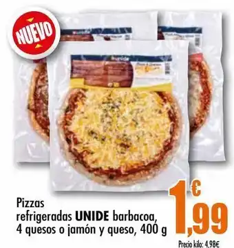 Unide Supermercados Pizza refrigeradas unide barbacoa, 4 quesos o jamón y queso oferta