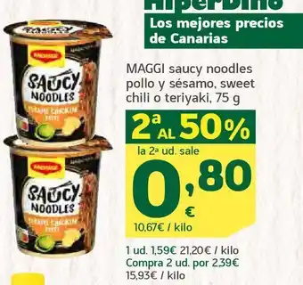 HiperDino Maggi saucy noodles pollo y sésamo, sweet chili o teriyaki, 75 g oferta