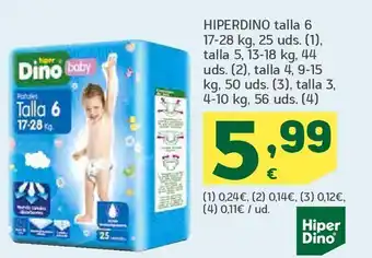 HiperDino Hiperdino talla 6 17-28 kg, 25 uds., talla 5, 13-18 kg, 44 uds., talla 4, 9-15 kg, 50 uds., talla 3, 4-10 kg, 56 uds. oferta