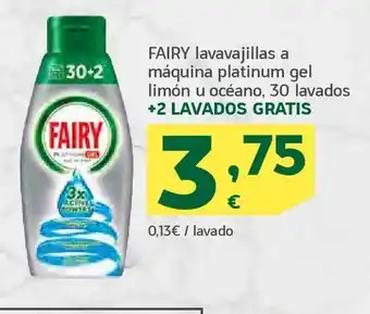 HiperDino Fairy lavavajillas a máquina platinum gel limón u océano, 30 lavados +2 lavados gratis oferta
