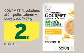HiperDino Gourmet revelations atún, pollo, salmón y buey, pack 4x57 g oferta