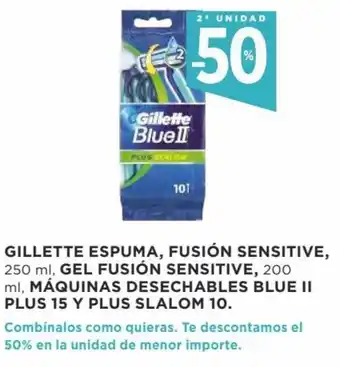 Supercor 2ª Unidad -50% Gilette Espuma, Fusión Sensitive, 250 ml, Gel Fusión Sensitive, 200 ml, Máquinas Desechables Blue II Plus 15 Y oferta