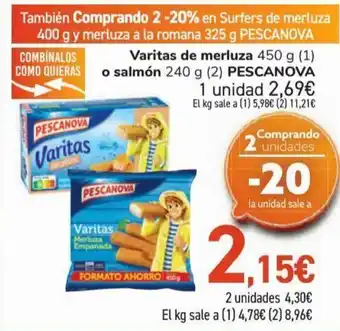 Carrefour Varitas de merluza o salmón pescanova oferta