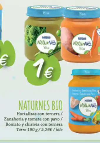 Supermercados Plaza Naturnes Bio Hortalizas con ternera/Zanahoria y tomate con pavo/Boniato y chirvia con ternera 190g oferta