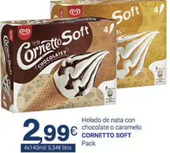 Supermercados Plaza Cornetto Soft Helado de nata con chocolate o caramelo 4x140ml oferta
