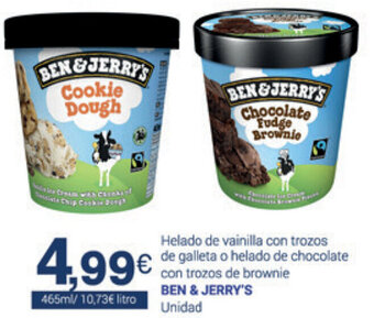 Supermercados Plaza Ben & Jerry's Helado de vainilla con trozos de galleta o helado de chocolate con trozos de brownie 465ml oferta