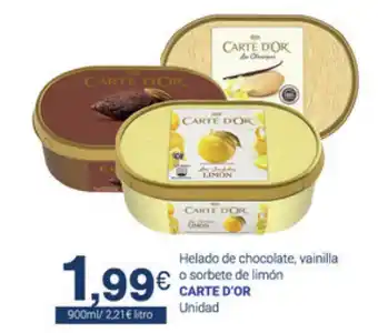 Supermercados Plaza Carte D'or Helado de chocolate, vainilla o sorbete de limón 900ml oferta