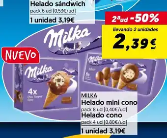 Hiper Usera Milka Helado mini cono pack 8 ud Helado cono pack 4 ud oferta