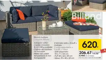 Eroski 2 sofás + 2 puffs + mesa + sofá esquinero + puff + mesa oferta