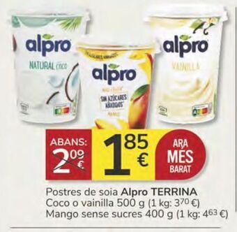Consum Postres de soia alpro terrina coco o vainilla mango sense sucres oferta