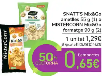 Carrefour Mistercorn Mix&Go formatge Snatt's Mix & Go ametlles 55g 90g oferta