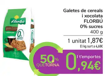 Carrefour Florbú Galetes de cereales i xocolata 0% sucres 400g oferta