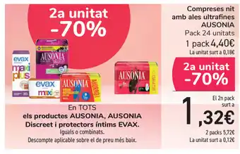 Carrefour Ausonia Compresses nit amb ales ultrafines Pack 24 unitats oferta