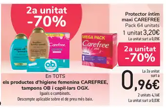 Carrefour Carefree Protector íntim maxi Pack 64 unitats oferta