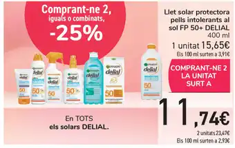 Carrefour Delial Llet solar protectora pells intolerants al sol FP 50+ 400ml oferta