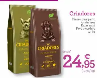 TiendAnimal Criadores pienso para perro grain free razas mini pavo o cordero 7,5 kg oferta