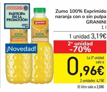 Carrefour Zumo 100% exprimido naranja con o sin pulpa granini oferta