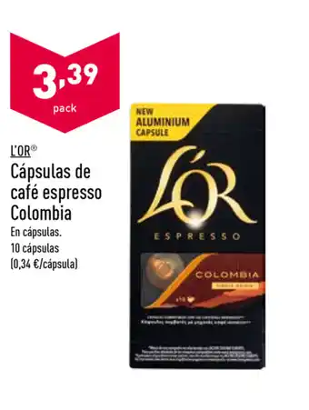 ALDI L'Or Cápsulas de café espresso Colombia 10 cápsulas oferta