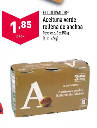 ALDI El Cultivador Aceituna verde rellena de anchoa 3 x 150g oferta