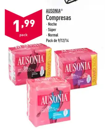 ALDI Ausonia Compresas Pack de 9/12/14 oferta