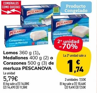 Carrefour Market Lomos 360 g (1), medallones 400 g (2) o corazones 500 g (3) de merluza pescanova oferta