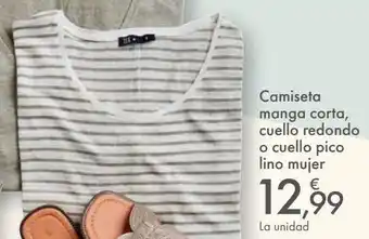 Carrefour Camiseta manga corta, cuello redondo o cuello pico lino mujer oferta