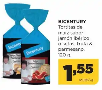 Alimerka Bicentury Tortitas de maiz sabor jamón iberico o setas, trufa & parmesano 120g oferta