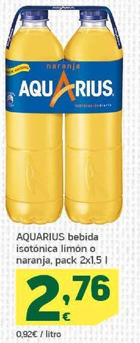 HiperDino Aquarius bebida isotónica limón o naranja, pack 2x1,5 | oferta
