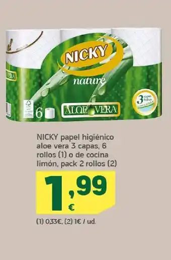 HiperDino Nicky papel higiénico aloe vera 3 capas, 6 rollos o de cocina limón, pack 2 rollos oferta
