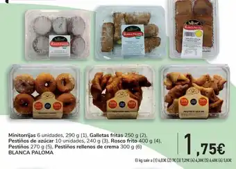 Carrefour Minitorrijas, galletas fritas, pestiños de azúcar, rosco frito, pestiños, pestiños rellenos de crema blanca paloma oferta
