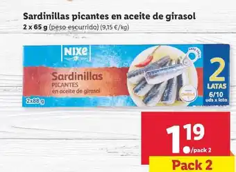 Lidl Nixe Sardinillas Picantes En Aceite De Girasol 2x65g oferta