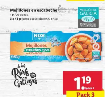 Lidl Nixe Mejillones En Escabeche 14/20 piezas 3x43g oferta