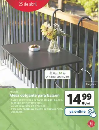 Lidl Mesa colgante para balcón parkside oferta