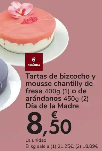 Carrefour Tartas de bizcocho y mousse chantilly de fresa o de arándanos día de la madre oferta