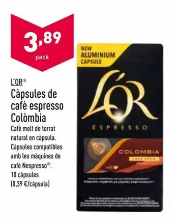 ALDI L'or Cápsules de café espresso Colómbia 10 capsules oferta